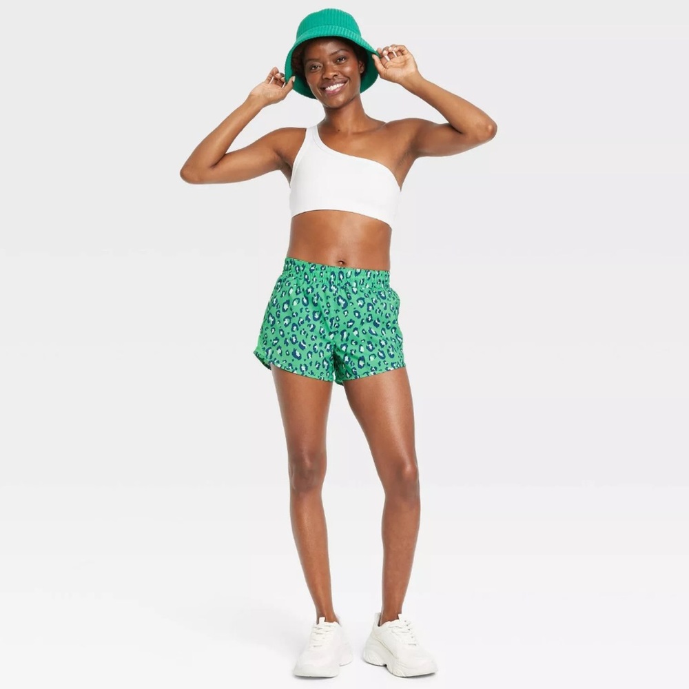 All In Motion Mid-Rise Running Shorts Green Leopard Print Run Shorts 3” - Picture 3 of 8